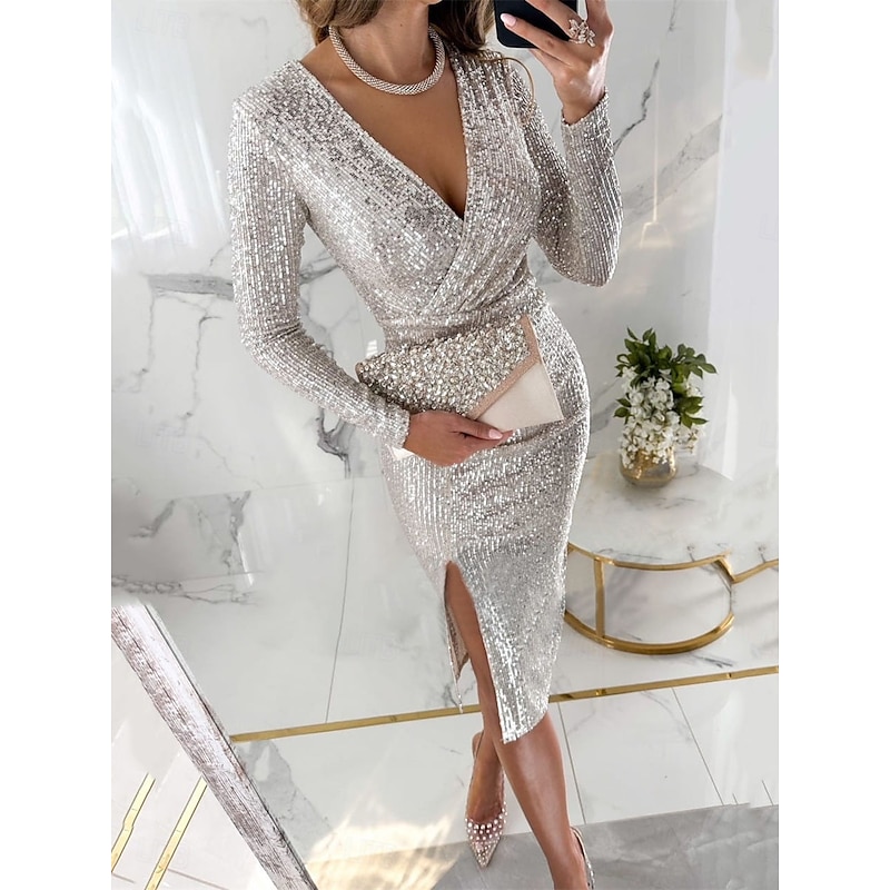 Women's Midi Dress Sequin Dress Casual Dress Elegant Dress Casual Sports & Outdoor Street Evening Party Regular Fit Plain Long Sleeve V Neck Silver Black Wine Fall Winter2