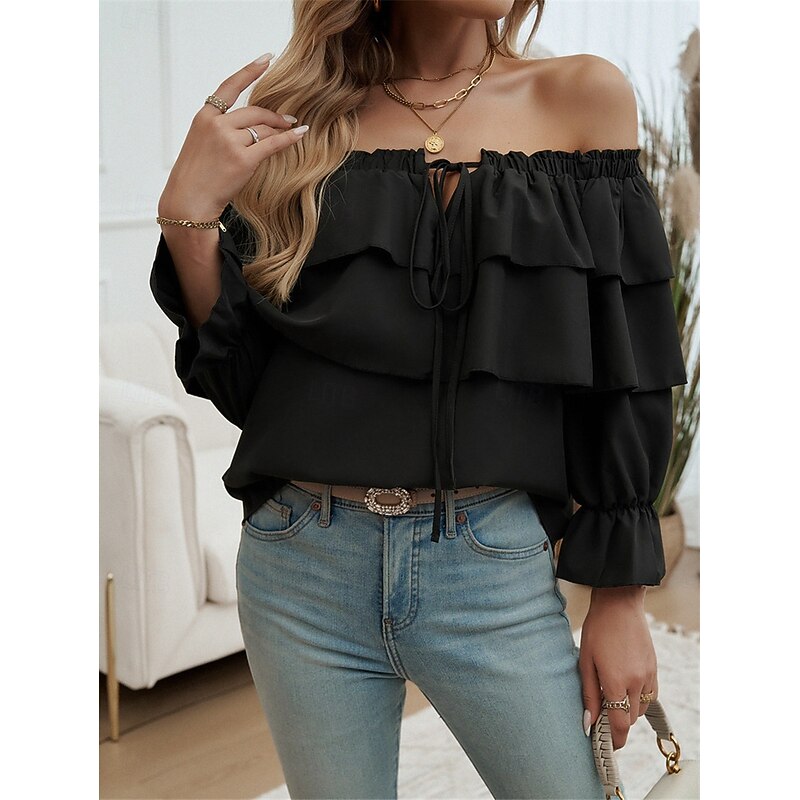 Women's Shirt Blouse Solid Color Basic Casual Long Sleeve Off Shoulder Regular Tops Daily Ruffle Backless Black White Fall3