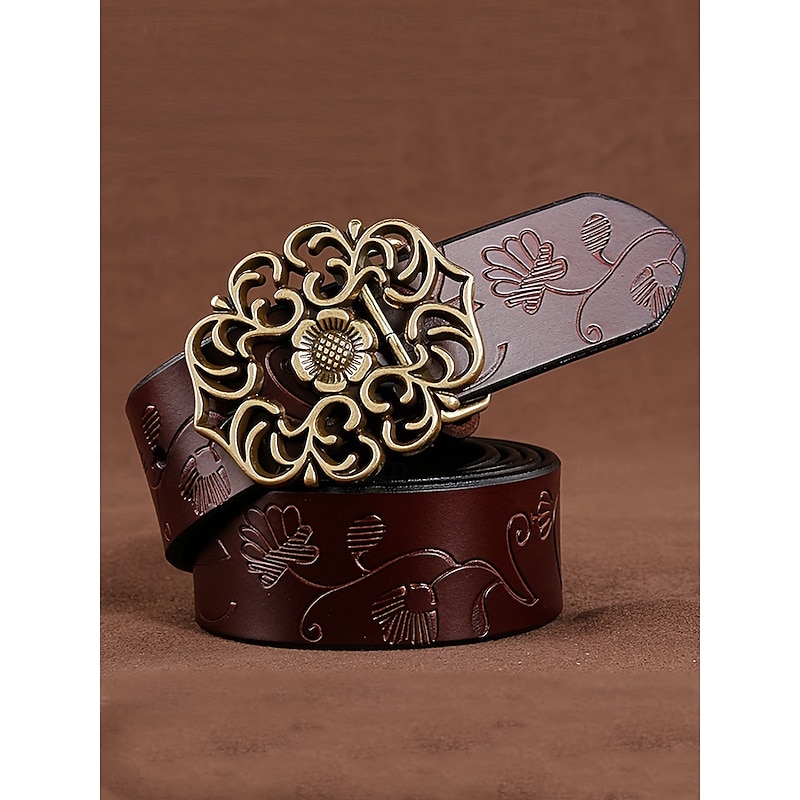 Women's Red Leather Belt with Vintage Floral Carved Buckle – Western Boho Style Accessory3