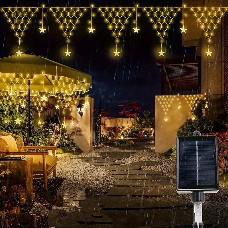 Solar Power Net String Lights with Star Icicles, 8 Lighting Modes Christmas Fairy Lights with Remote Control for ChristmasOutdoor Eaves House Garden & Xmas Party Decoration2