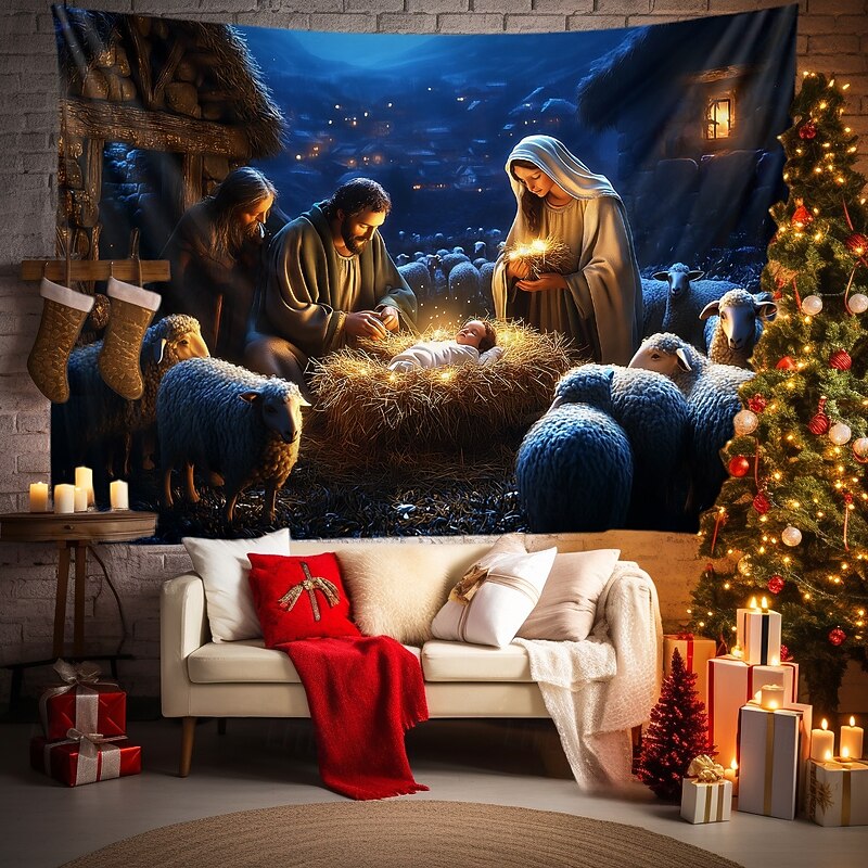 Christmas Hanging Tapestry Nativity Scene Xmas Manger Wall Art Large Tapestry Mural Decor Photograph Backdrop Blanket Curtain Home Bedroom Living Room Decoration4