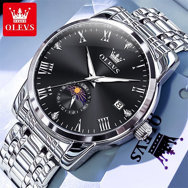 New Olevs Brand Men'S Steel Belt Business Watch Calendar Moon Phase Display Luminous Simple Leisure Multifunction Quartz Watch Waterproof Sports Men'S Wristwatch