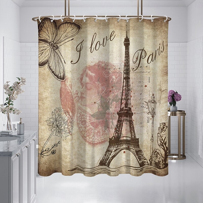 Shower Curtain with Hooks 180cm*180cm(70"*70") Polyester Washable Waterproof Pattern Bathroom Bathtub Decor Vintage Eiffel Tower2