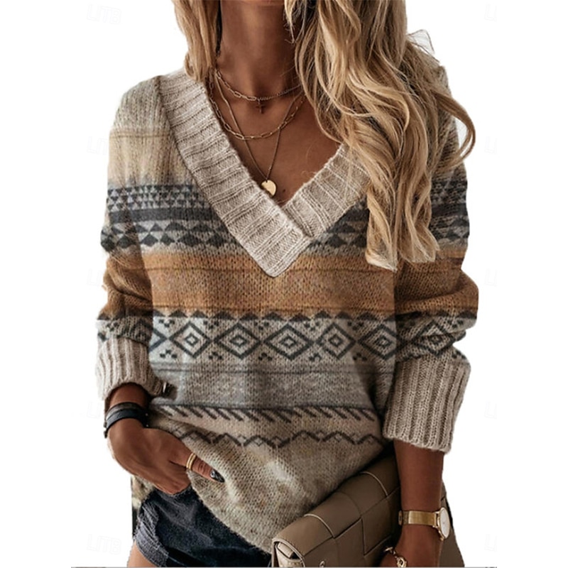Women's Sweater Pullover Sweater Jumper Vintage Style Casual Soft Geometric Ribbed V Neck Knitted Long Sleeve Regular Tops Knit Outdoor Daily Weekend Khaki Fall Winter