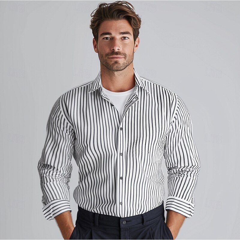 Men's Cotton Black Long Sleeve Striped Fold-over Collar School Formal Clothing Apparel Elegant Active Vacation Vintage