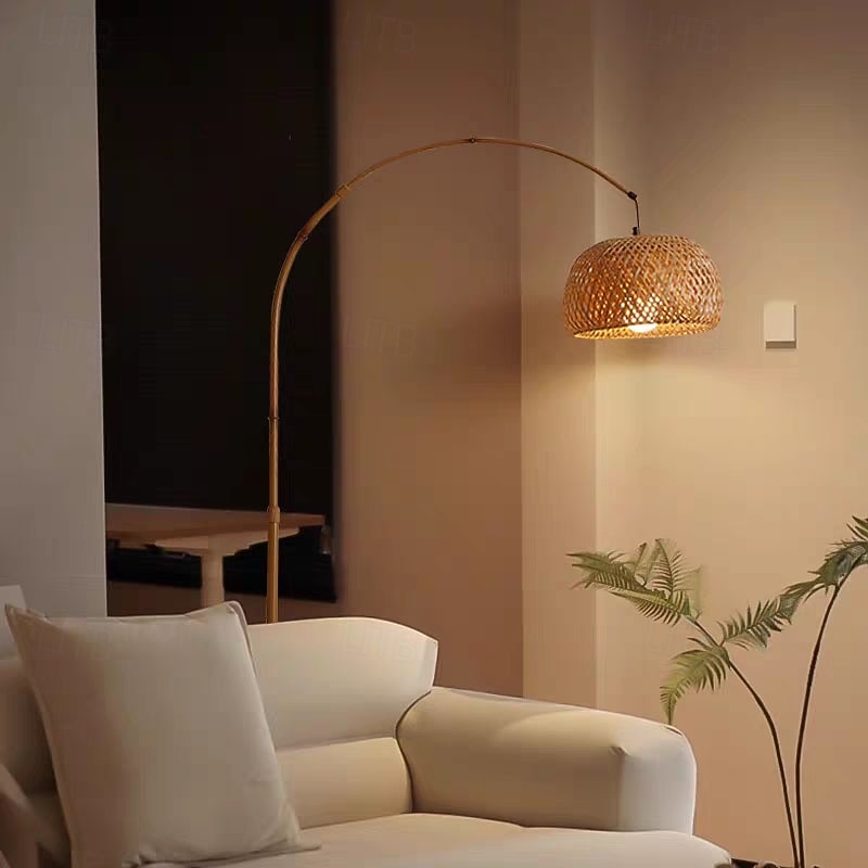Floor Lamp Bedside Floor Lamp Bamboo Style Standing Light with Arc Arm in Wood Wabi-Sabi Style Floor Lamp3