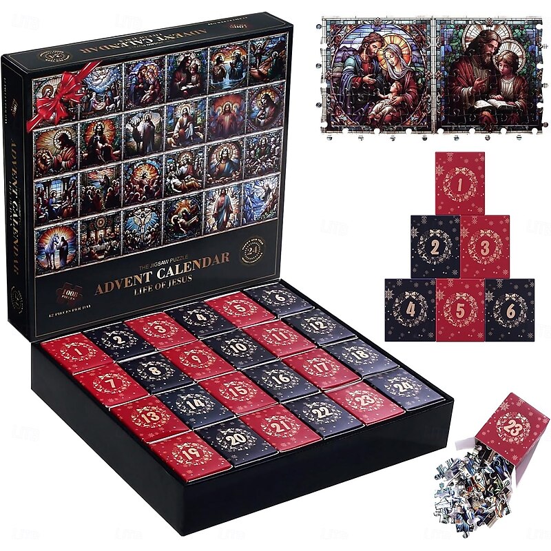 Christmas Advent Calendar Jigsaw Puzzle Stained Glass Life of Jesus Xmas Gift Puzzle 1000 Pieces 24 Days Christmas Countdown Calendar Winter Puzzle as Christmas Decoration