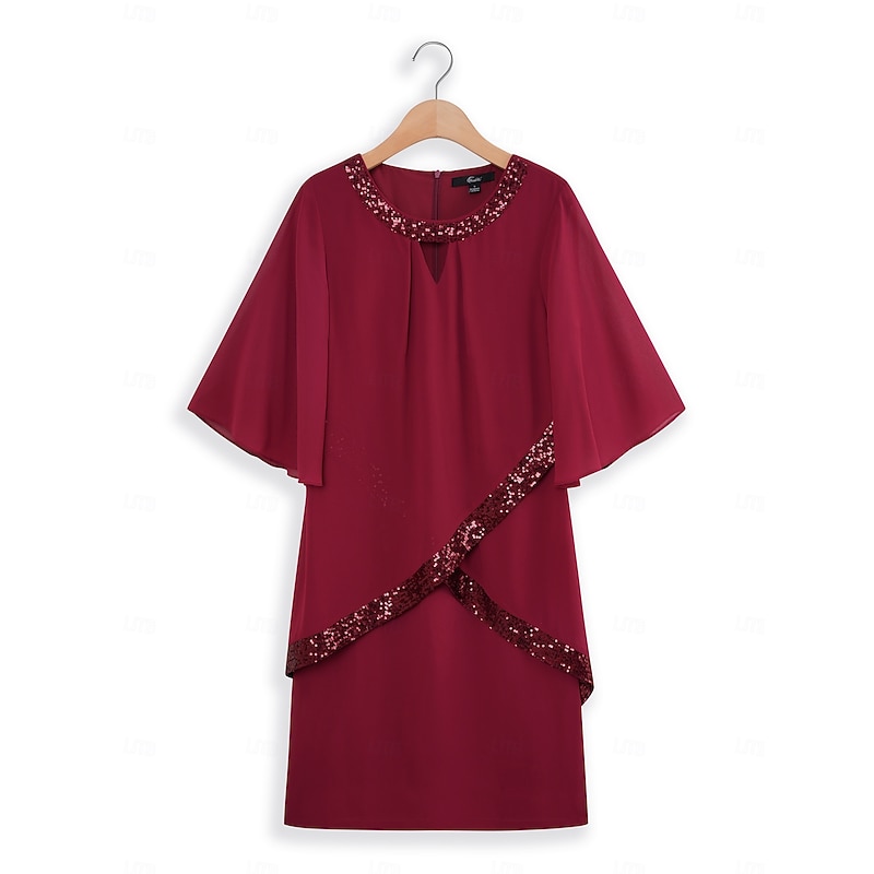 Women's Midi Dress Burgundy with Asymmetric Sequin Overlay Round Neckline V-Notch Detail Three-Quarter Length Split Sleeves Non-Stretch Elegant Evening Cocktail Party Knee-Length Various Sizes3