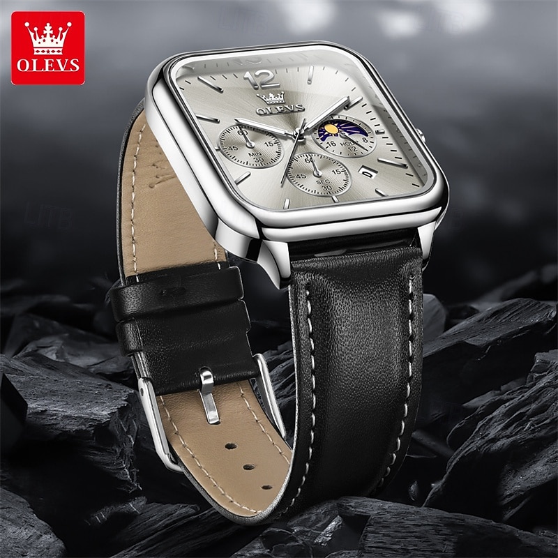 New Olevs Olevs Brand Fashion Trend Men'S Belt Watch Square Dial Luminous Moon Phase Calendar Multifunction Three Eyelids With Moon Phase Quartz Watch Casual Waterproof Sports Men'S Wristwatch