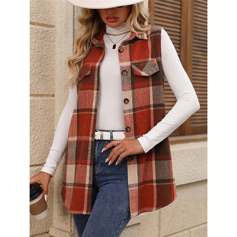 Women's Vest Outdoor Street Daily Wear Fall Winter Regular Coat Regular Fit Thermal Warm Breathable Stylish Casual Jacket Sleeveless Stripes and Plaid with Pockets Print Orange Green Khaki3
