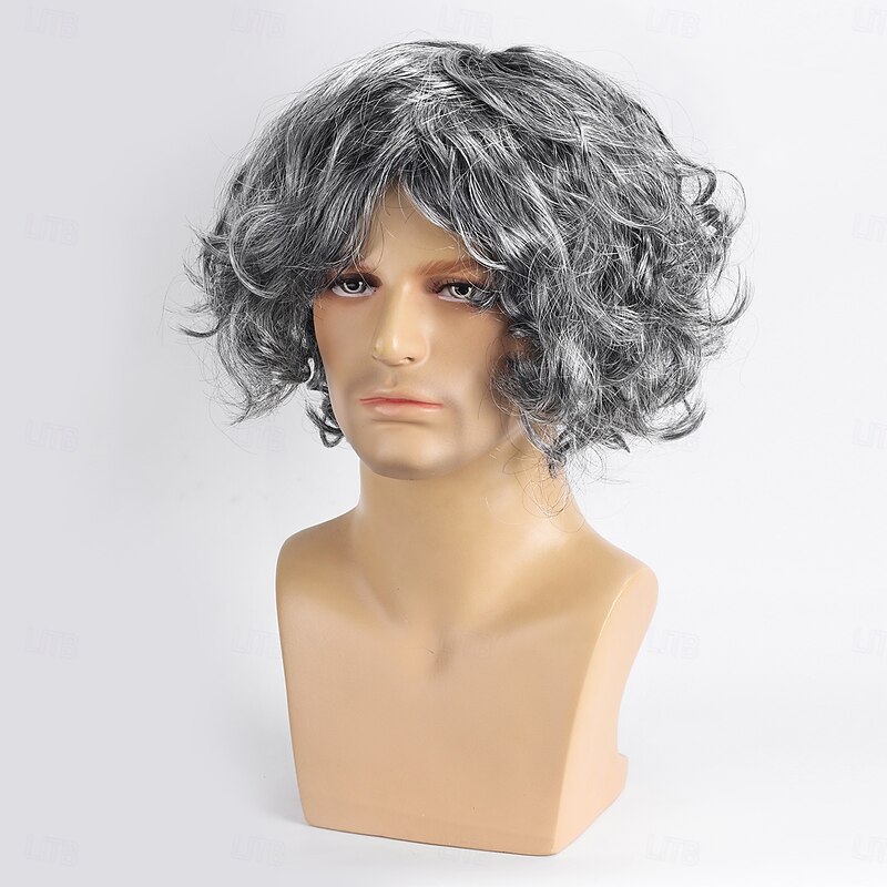 Synthetic Wig Curly With Bangs Machine Made Wig Short Grey Synthetic Hair Men's Gray Halloween Wigs3