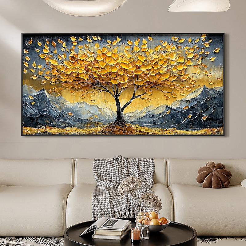 Handmade Original Golden Tree of Life Oil Painting On Canvas Abstract Texture Tree Wall Art for Home Decor With Stretched Frame/Without Inner Frame Painting