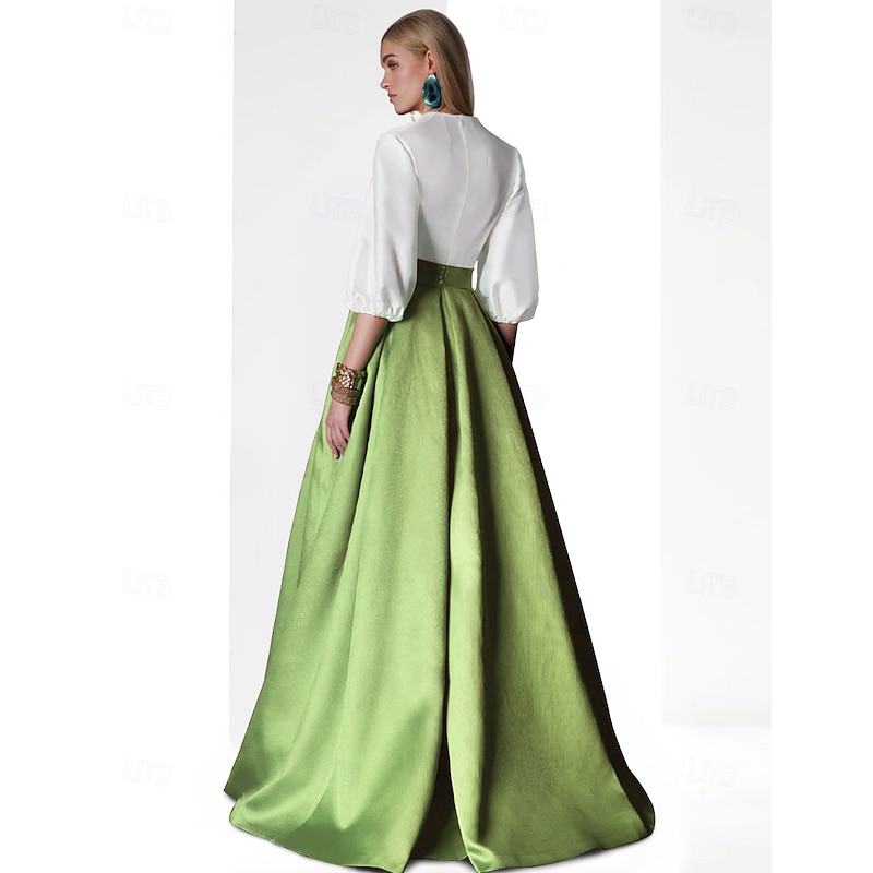 A-Line Evening Gown Elegant Dress Formal Floor Length 3/4 Length Sleeve V Neck Pocket Satin with Slit2