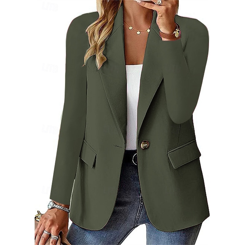 Women's Blazer Button Solid Color Casual / Daily Stylish Regular Fit Outerwear Long Sleeve Winter ArmyGreen S2
