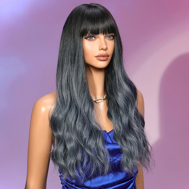 Synthetic Wig Curly Wavy Neat Bang With Bangs Machine Made Wig 26 inch Black / Smoke Blue Synthetic Hair Women's Cute Cosplay Party Blue4