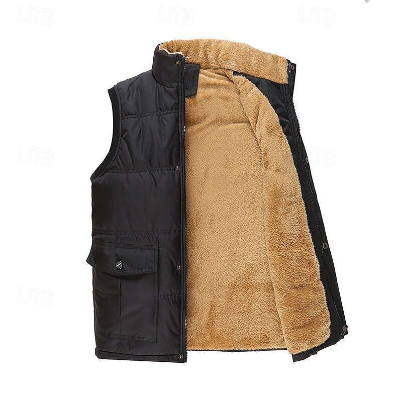 Men's Puffer Vest Fleece Vest Gilet Daily Date Vacation Fashion Casual Fall & Winter Pocket Polyester Warm Comfortable Solid Color Hidden Buttoned Front Stand Collar Regular Fit Black Blue Vest3