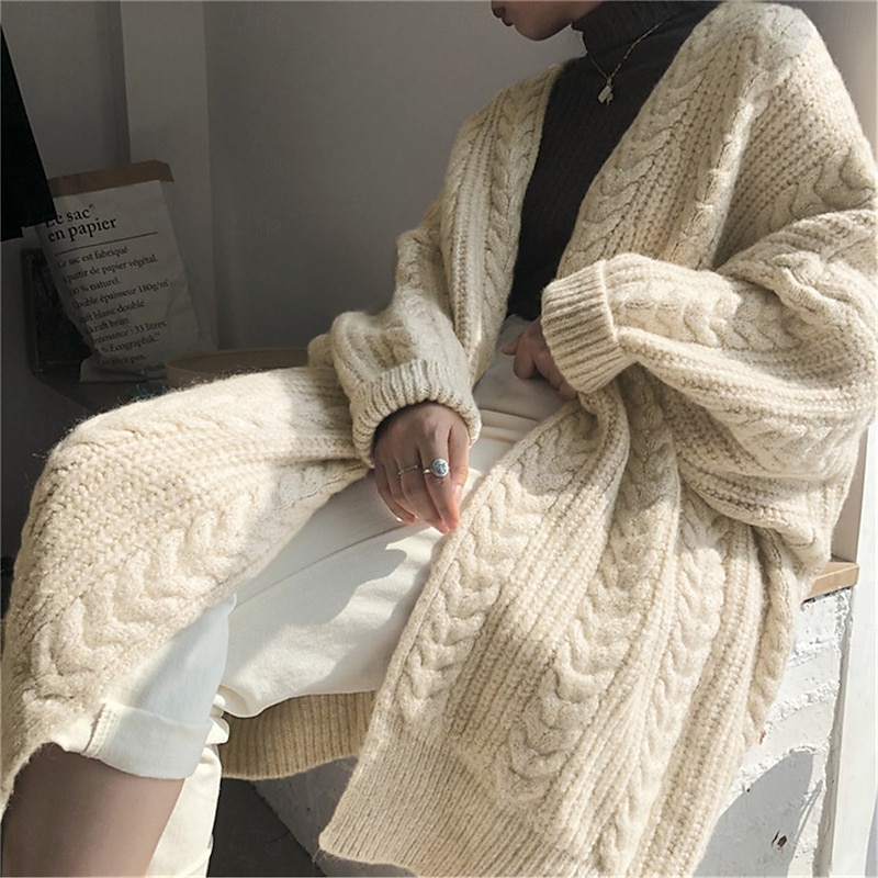 Women's Sweater Cardigan Casual Soft Pure Color Cable Open Front Knitted Long Sleeve Long Tops Knit Outdoor Daily Weekend Blue Apricot Fall Winter