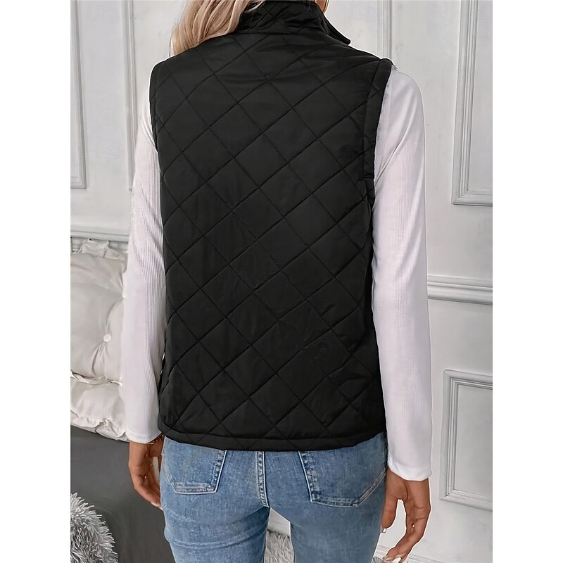 Women's Fleece Vest Warm Breathable Zipper Pocket Fleece Lined Casual Plain Vacation Street Daily Wear Going out Zipper Regular Stand Collar Regular Fit Sleeveless Outerwear Black Fall Winter3