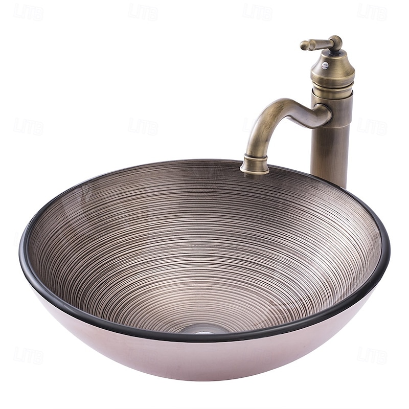 Vessle Sink Circular Stripe Design Basin Modern Tempered Glass Vessel Sink for Bathroom Bathroom Sink Set with Vintage Faucet2
