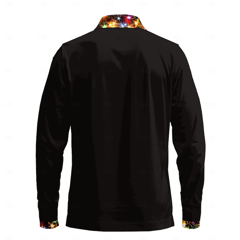 Christmas Men's Sparkly Christmas Light Polo Shirts Golf Polos Shirts Long Sleeve Polo Shirts Collar Casual Vacation Party Evening Wear Dailywear New Year Eve 3D Print Buttons Black2