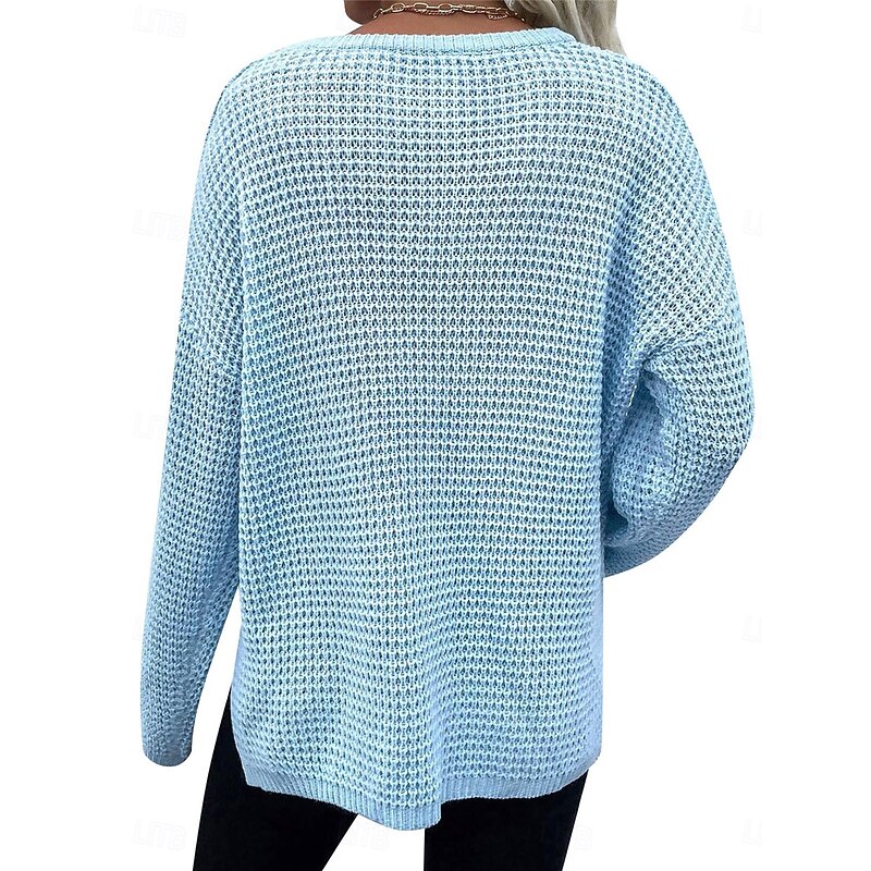 Women's Sweater Pullover Sweater Jumper Casual Soft Pure Color Ribbed V Neck Knitted Long Sleeve Regular Tops Knit Outdoor Daily Weekend Blue Beige Fall Winter3