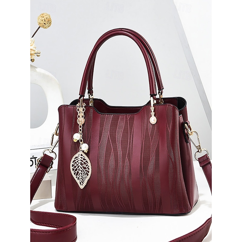 Women's Burgundy Handbag with Embossed Pattern and Pearl Leaf Charm – Stylish Shoulder and Tote Bag for Office, Daily, and Evening Use