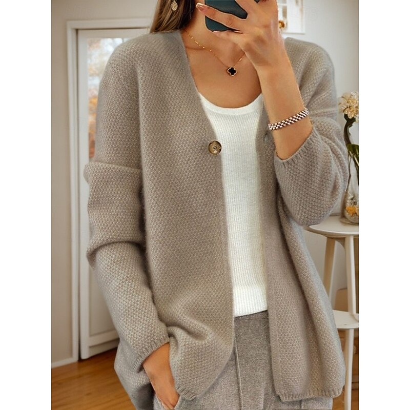 Women's Sweater Cardigan Sweater Jacket V Neck Knit Button Knitted Spring Fall Home Daily Weekend Elegant Daily Soft Long Sleeve Pure Color Camel Beige4