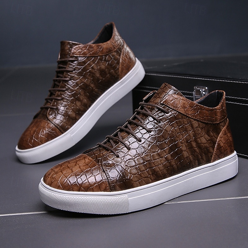 Men's Brown Crocodile Pattern Faux Leather Sneakers with Lace-Up Design and Comfortable White Sole for Casual and Stylish Everyday Wear4
