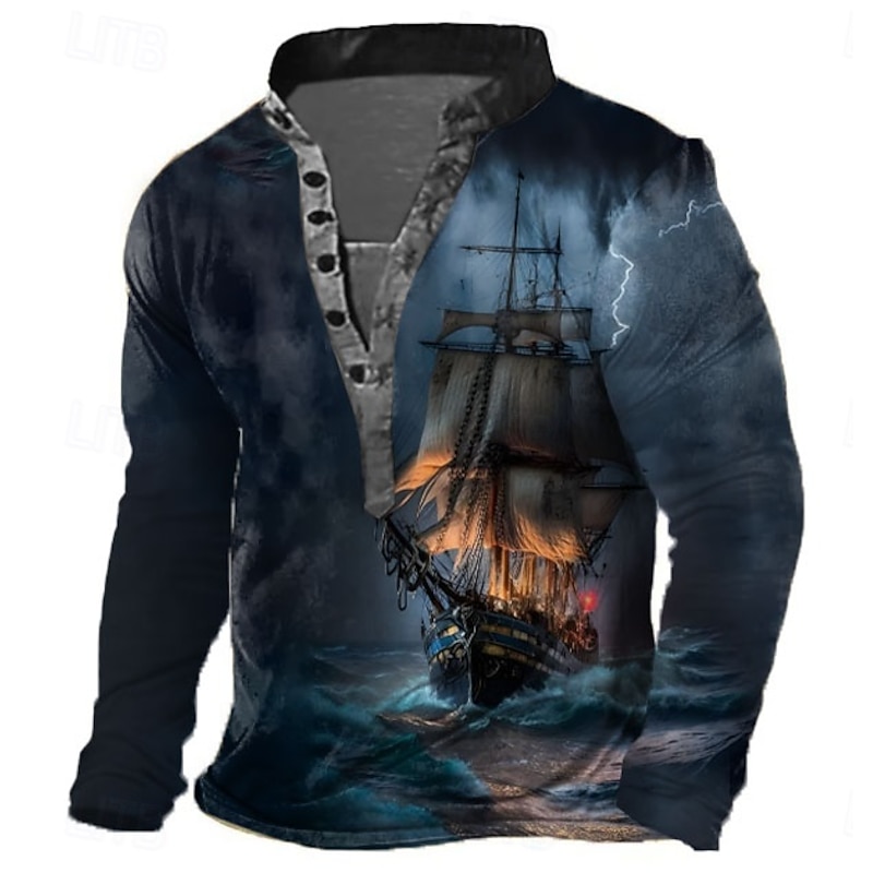 Men's Ship T Shirt Henley Shirt Long Sleeve 3D Print Retro Vintage Casual Vacation Daily Going out Summer Dark Blue Dark Gray Henley Henley T-Shirt