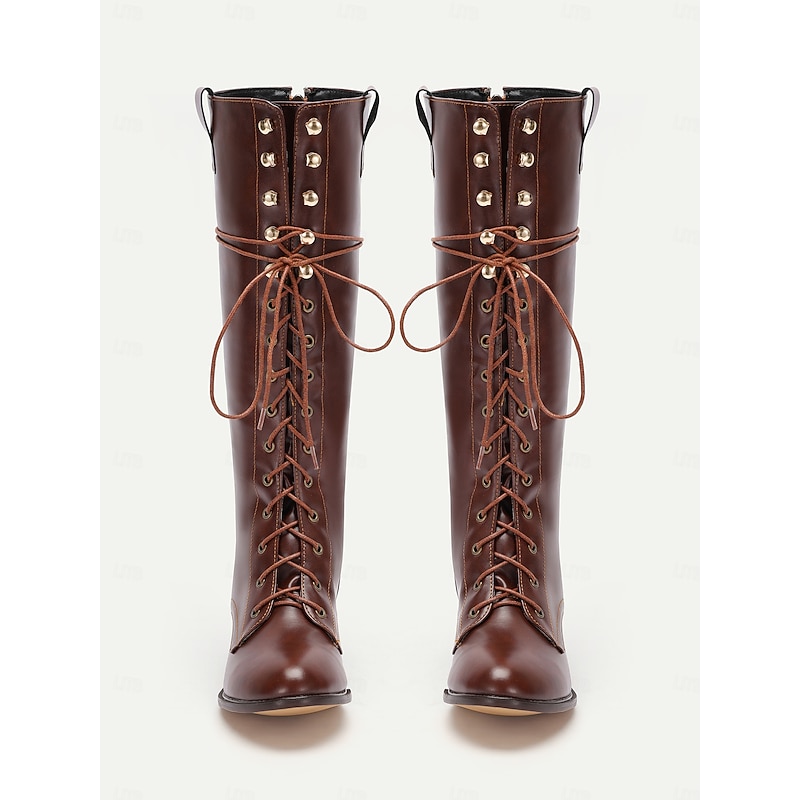 Women's Brown Lace - Up Knee High Boots Vintage Style Comfortable For Casual Wear3