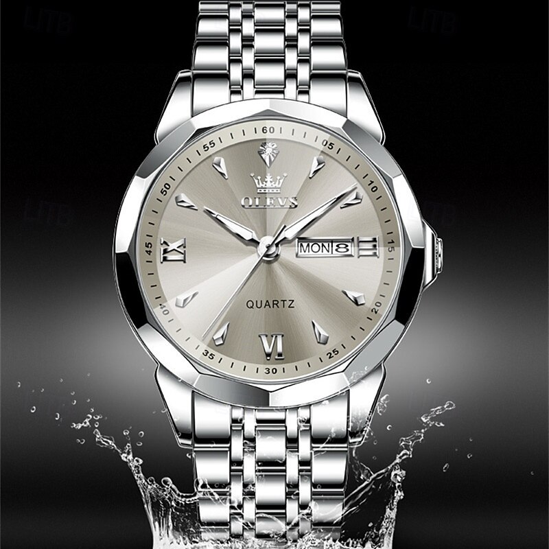 New Olevs Brand Men'S Fashion Trend Steel Belt Watch Diamond Mirror Luminous Calendar Week Display Simple Leisure Quartz Watch Waterproof Sports Watch3