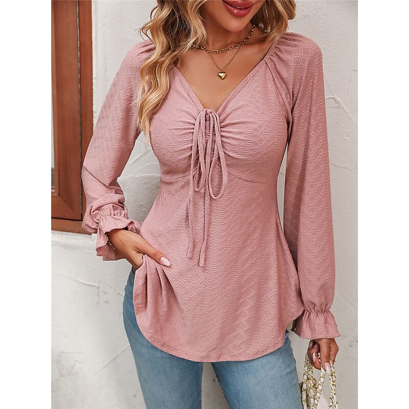 Women's T Shirt Plain Fashion Modern Casual Long Sleeve V Neck Regular Tops Daily Weekend Smocked Pink Fall Winter4