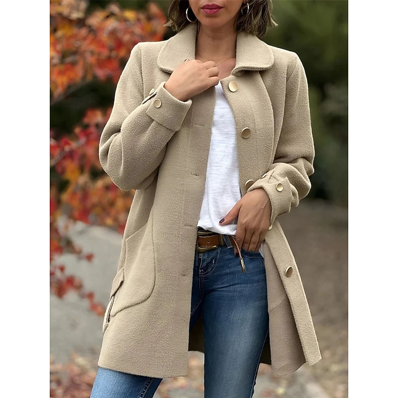 Women's Coat Outdoor Street Daily Wear Fall Winter Regular Coat Regular Fit Thermal Warm Breathable Stylish Casual Jacket Long Sleeve Plain with Pockets Black Apricot Coffee