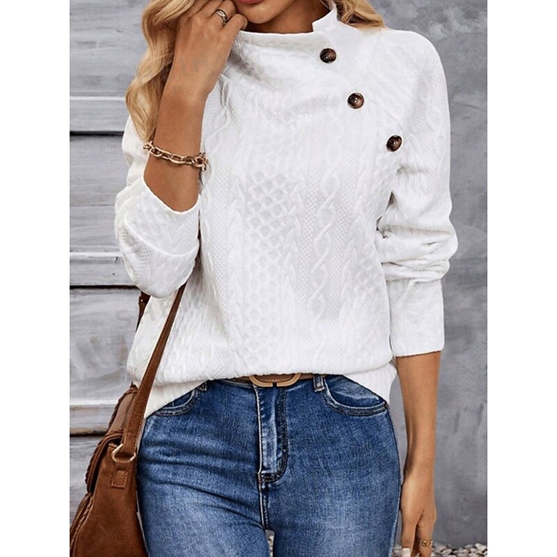 Women's Sweatshirt Casual Textured Plain Street Dailywear Crew Neck Buttons Long Sleeve White Fall Winter3