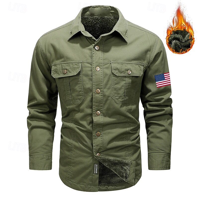 Men's American US Flag Work Shirt Western Shirt Cargo Shirt Long Sleeve Casual Sports & Outdoor Going out Fall Winter Turndown Print Black Army Green Khaki2