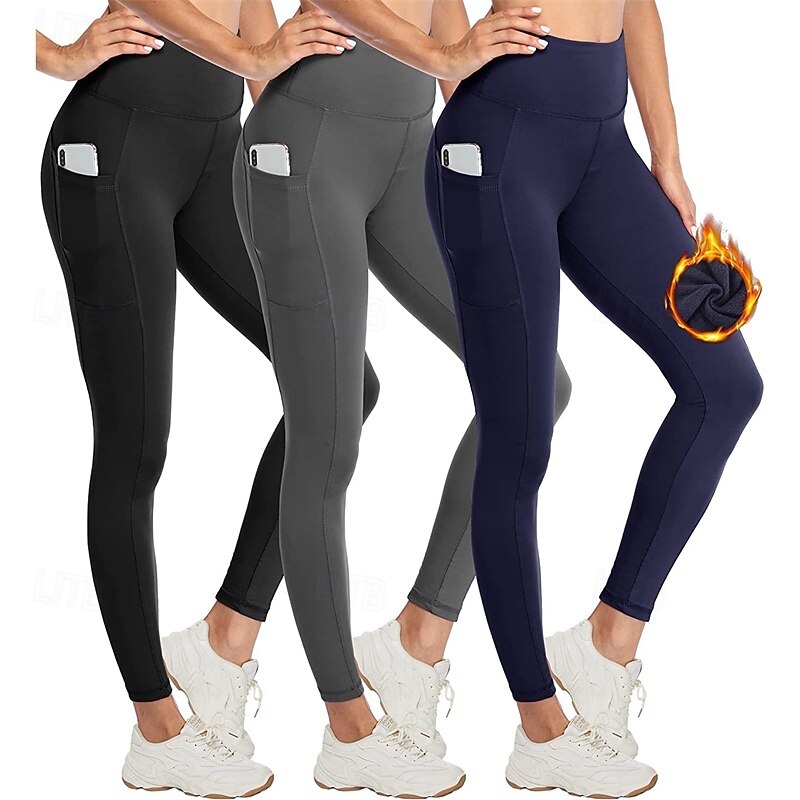 Women's Yoga Pants Fleece Lined Leggings Yoga Leggings Side Pockets Butt Lift Tummy Control High Waist Pilates Gym Workout Workout Cropped Leggings Solid Color Black Dark Navy Dark Gray Fall Winter - Main Image