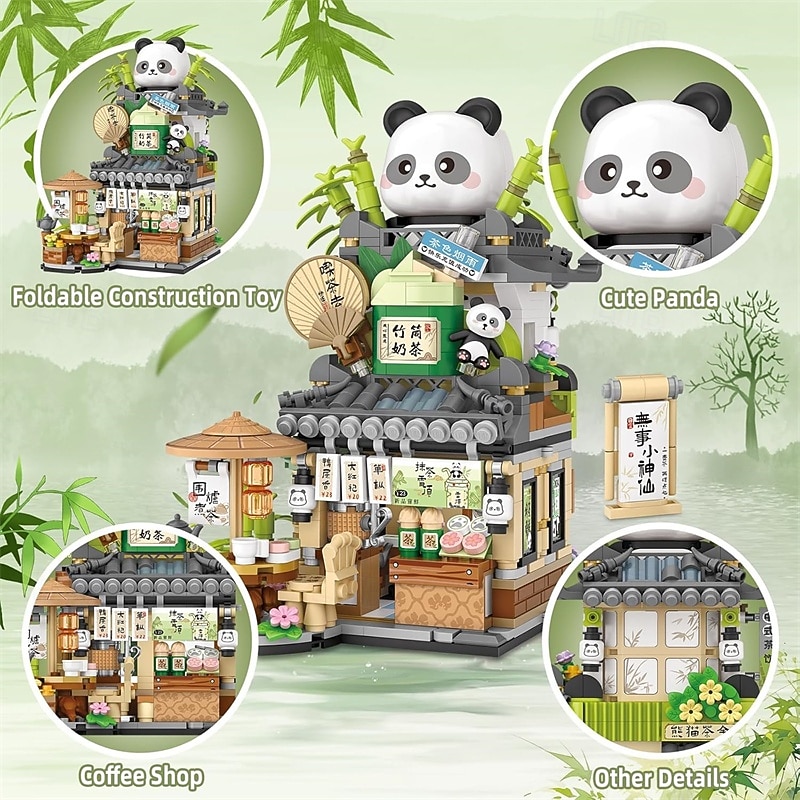 Street View Tea Shop Mini Building Blocks MOC Creative Building Toys Cute Panda Animals Building Set for Girls 6-12 Simulation Architecture Construction Toy Gift Idea for Kids Adults (860PCS)4