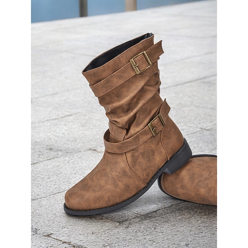 Women's Vintage Brown Slouchy Ankle Boots with Buckle Straps - Perfect for Casual Wear or Fall Fashion