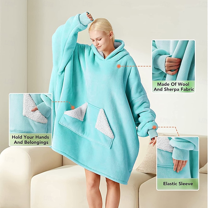 Wearable Blanket Hoodie, Oversized Sherpa Fleece Sweatshirt Blanket with Giant Hood Pocket and Sleeves for Adult, Warm & Cozy Grey Blanket Gifts for Women