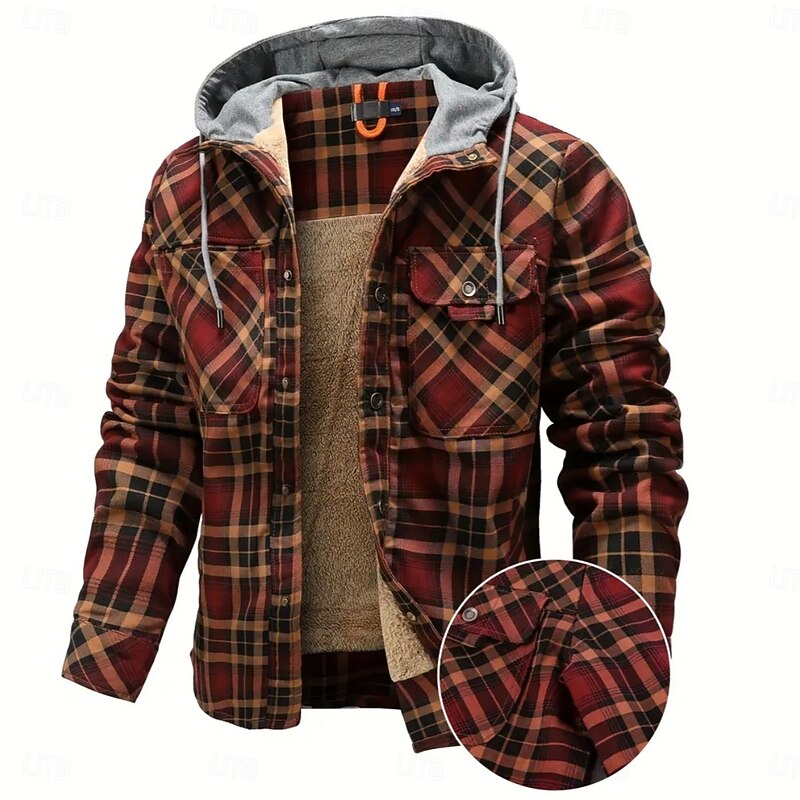 Men's Shirt Jacket Fleece Jacket Shacket Formal Home Warm Hooded Winter Spring &  Fall Grid / Plaid Vintage Western Style Shirt Collar Regular Red Navy Blue Green Khaki Dark Grey Jacket