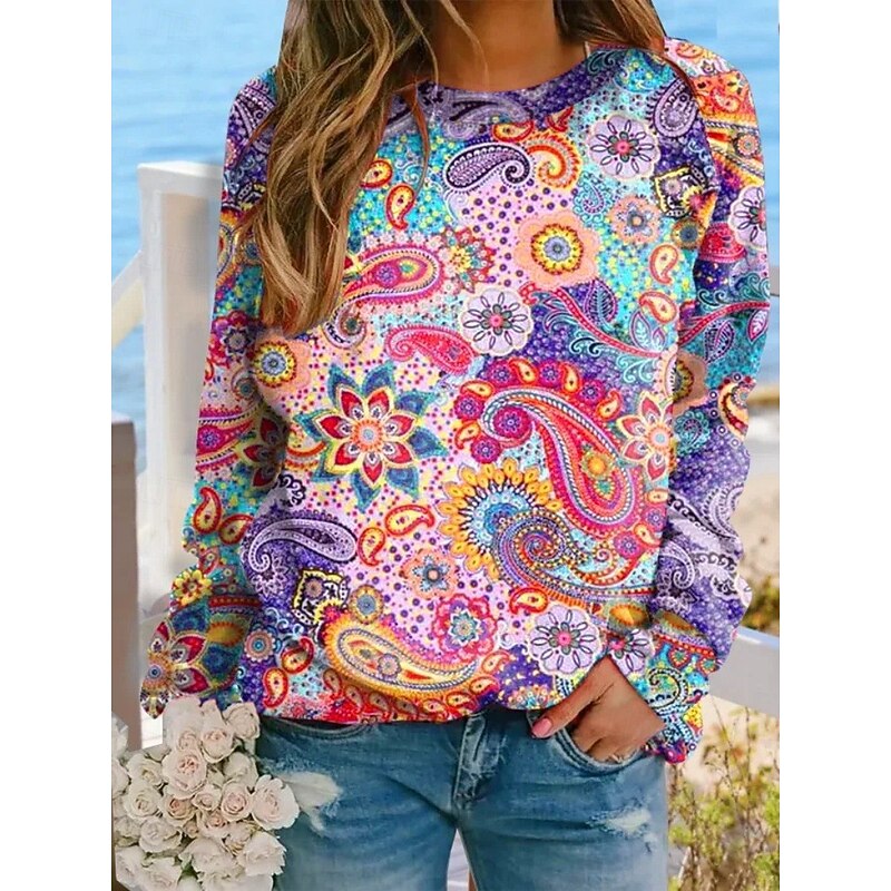 Women's Pullover Fashion Ethnic Print Geometric Tribal Street Casual Round Neck Print Loose Fit Long Sleeve Yellow Red Brown Dark Blue Gray Spring Fall & Winter