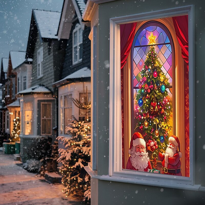 Christmas Window Cover Decorations, Fabric Stained Glass Tree Curtain Movie Poster Window Door Covering Decor for Christmas House, Window Clings Decals Indoor Outdoor4