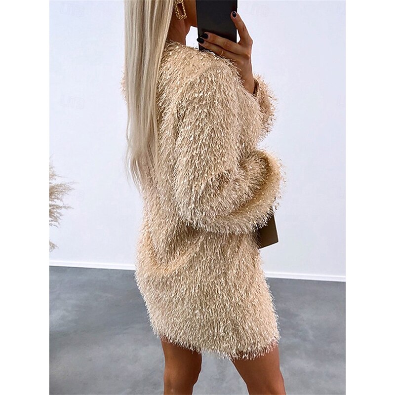 Women's Casual Dress Mini Dress Tassel Fringe Casual Crew Neck Long Sleeve Black Apricot Color3