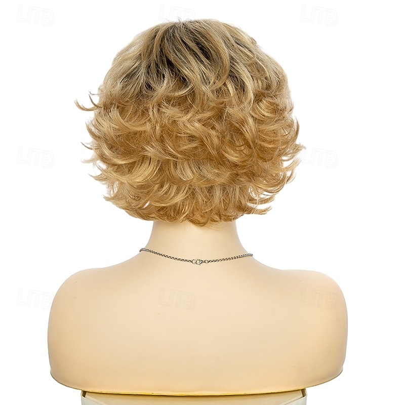 Short Blonde Pixie Cut Wigs with Bangs for White Women,Brown Ombre Blonde Wig Synthetic Wavy Curly Hair Wigs  Layered Natural Fluffy Heat Resistant2