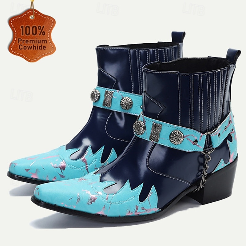 Men's Blue and Turquoise Leather Motorcycle Boots – Western Style Ankle Boots with Silver Buckle Detailing for Bold Fashion