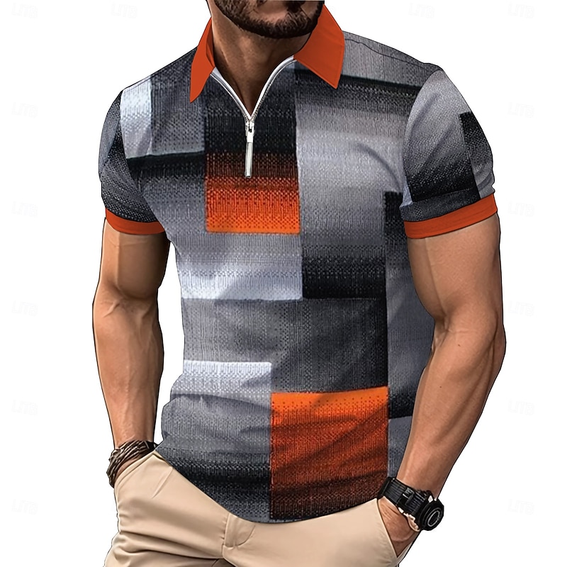 Men's Plaid Zip Polo Shirts Golf Shirt Short Sleeve Polo Shirts Collared Shirts Vintage Casual Vacation Wear Formal Wear Festival Wear 3D Print Quarter Zip Polo Summer Spring Black Red Blue2