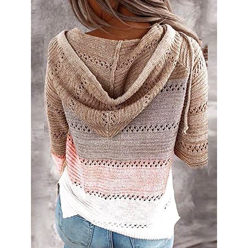 Women's Sweater Pullover Sweater Jumper Casual Soft Striped Ribbed Hooded Knitted Long Sleeve Regular Tops Knit Outdoor Daily Weekend Pink Wine Fall Winter2