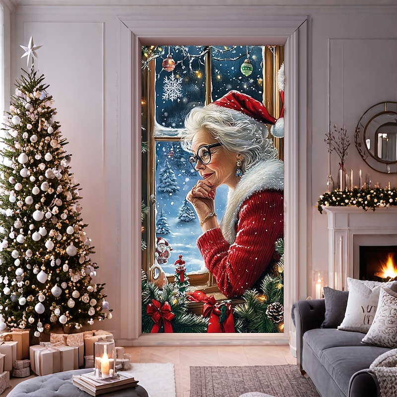 Christmas Door Decorations Door Covers Xmas Santa Grandma Door Tapestry Door Curtain Decoration Backdrop Indoor/Outdoor Door Banner for Front Door Farmhouse3