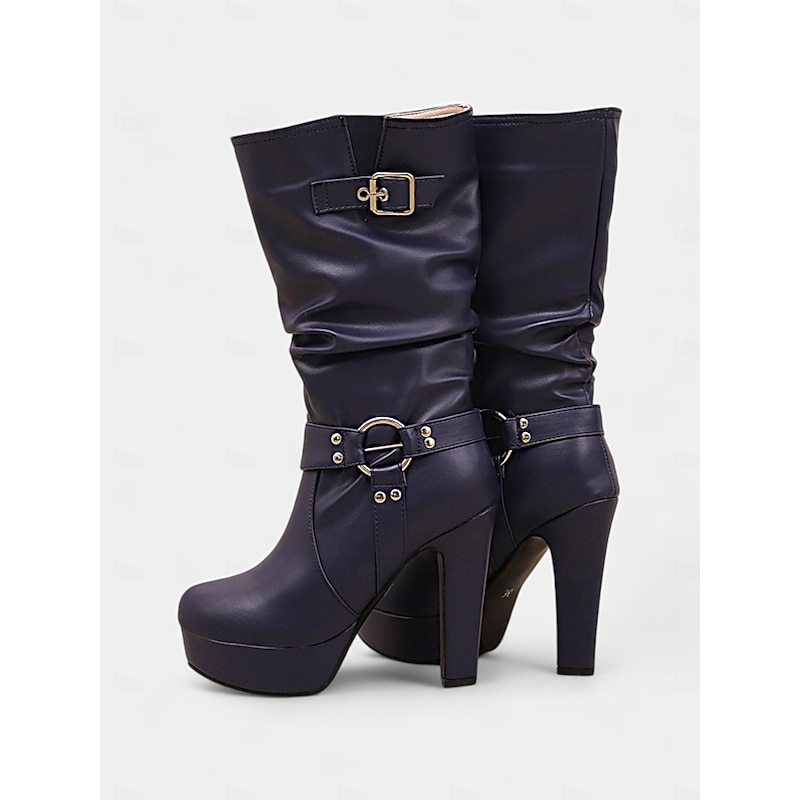 Women's White Knee-High Platform Boots with Buckle Straps and High Heels – Stylish Winter Boots for Bold Fashion Statements2