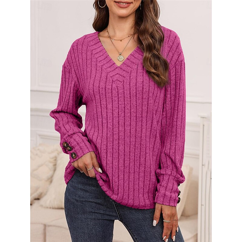 Women's Shirt Blouse Solid Color Basic Casual Long Sleeve V Neck Regular Tops Daily Buttons Black Fuchsia Brown Gray Fall Winter